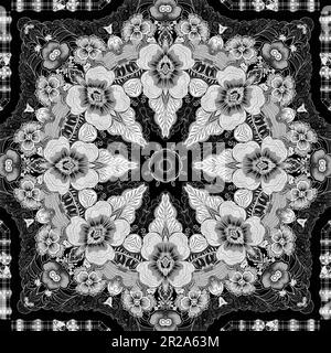 Intricate black and white lace folk flower pattern with an elegant feminine style. Repeatable vintage lacy monochrome effect scarf print. Stock Photo