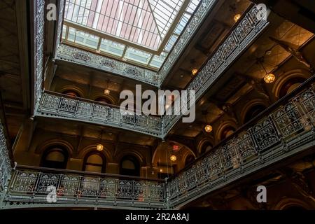 New York City, NY, USA-August 2022; Low angle view of balconies around the atrium of Beekman Hotel in the Financial District of Manhattan Stock Photo