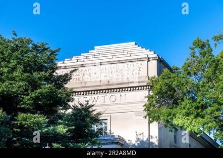 Boston, MA, USA-August 2022; Low angle view of the façade of building 2 of MIT Department of Mathematics with names of mathematicians engraved Stock Photo