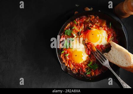 Eggs Poached in Spicy Tomato Pepper Sauce Stock Photo