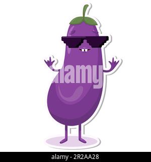 Vector illustration of eggplant character stickers with cute expression, cool, funny, eggplant isolated, cartoon style Stock Vector