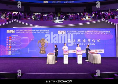 Suzhou, China's Jiangsu Province. 18th May, 2023. A screen shows the draw results during the knockout draw ceremony at BWF Sudirman Cup in Suzhou, east China's Jiangsu Province, May 18, 2023. Credit: Hou Zhaokang/Xinhua/Alamy Live News Stock Photo
