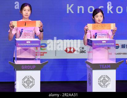 Suzhou, China's Jiangsu Province. 18th May, 2023. Staff members show the draw result during the knockout draw ceremony at BWF Sudirman Cup in Suzhou, east China's Jiangsu Province, May 18, 2023. Credit: Hou Zhaokang/Xinhua/Alamy Live News Stock Photo