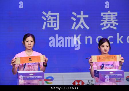 Suzhou, China's Jiangsu Province. 18th May, 2023. Staff members show the draw result during the knockout draw ceremony at BWF Sudirman Cup in Suzhou, east China's Jiangsu Province, May 18, 2023. Credit: Hou Zhaokang/Xinhua/Alamy Live News Stock Photo