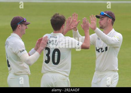 18 May , 2023, London, UK. Surrey’s Tom Lawes is congratulated by team mates after getting the wicket of Kent’s Sam Billings as Surrey take on Kent in the County Championship at the Kia Oval, day one. David Rowe/Alamy Live News. Stock Photo