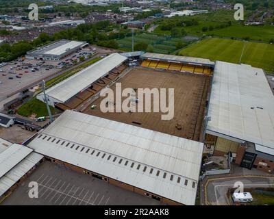 Vale Park Irrigation Works 2023 Off Season Pitch Works From Drone The Air Aerial, Port Vale Football Club Stoke-On-Trent Stock Photo