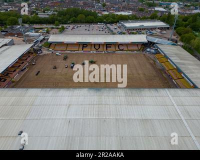 Vale Park Irrigation Works 2023 Off Season Pitch Works From Drone The Air Aerial, Port Vale Football Club Stoke-On-Trent Stock Photo