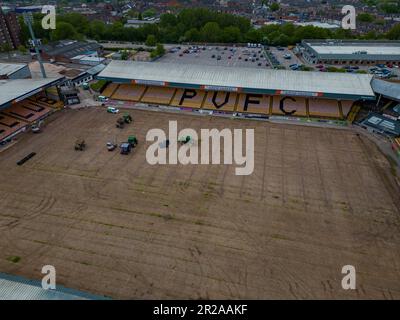 Vale Park Irrigation Works 2023 Off Season Pitch Works From Drone The Air Aerial, Port Vale Football Club Stoke-On-Trent Stock Photo