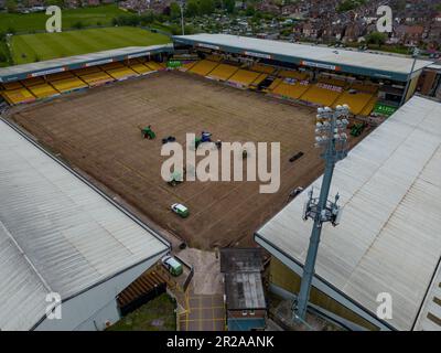 Vale Park Irrigation Works 2023 Off Season Pitch Works From Drone The Air Aerial, Port Vale Football Club Stoke-On-Trent Stock Photo