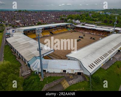 Vale Park Irrigation Works 2023 Off Season Pitch Works From Drone The Air Aerial, Port Vale Football Club Stoke-On-Trent Stock Photo