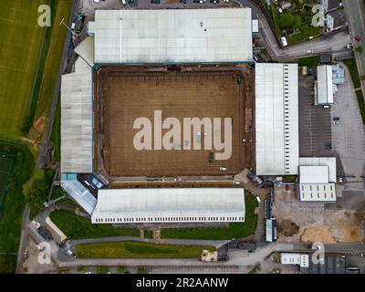 Vale Park Irrigation Works 2023 Off Season Pitch Works From Drone The Air Aerial, Port Vale Football Club Stoke-On-Trent Stock Photo