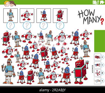 Math game worksheet. Cartoon robot and droid characters, vector ...