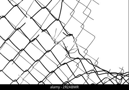 The texture of the metal mesh. Torn, destroyed, broken metal mesh on a white background Stock Photo