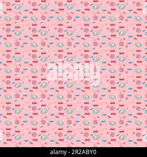 Seamless cute childish pattern of balloons, cake, and candies on a pink background; for printing on fabric, for wrappers, wallpapers, postcards. Stock Photo