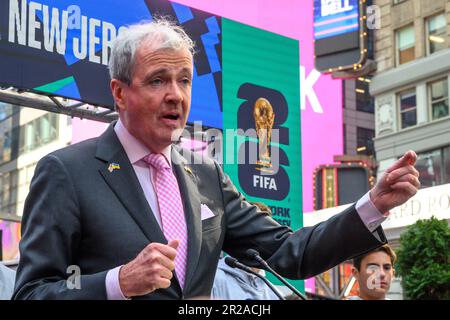 New York, USA. 18th May, 2023. New Jersey Governor Phil Murphy wears lapel pins with US and Ukrainian flags at a FIFA World Cup 2026 New York/New Jersey Launch Event in Times Square. The event unveiled the official themes for the MetLife stadium matches: 'We are NYNJ' and 'We are 26'. The world's top soccer competition is already planning to host 8 matches in the New York/New Jersey area and the local organizers want to host the final game here too. Credit: Enrique Shore/Alamy Live News Stock Photo