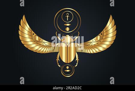 Gold egyptian sacred Scarab wall art design. Beetle with wings. Vector illustration golden logo, personifying the god Khepri. Luxury symbol Stock Vector