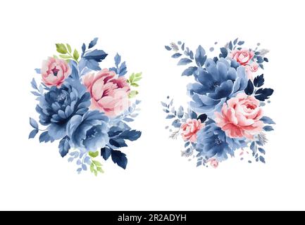 Watercolor navy blue and pink flowers set, vintage vector flowers collection. Stock Vector