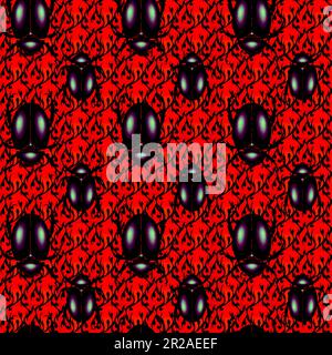 seamless pattern of a scarab beetles, vector insect in shiny black color isolated on a red vibrant color floral background Stock Vector