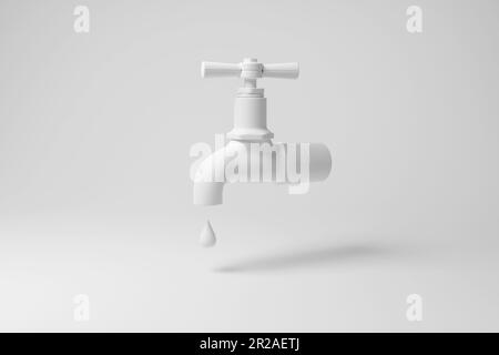 Water tap (faucet) dripping a water droplet with shadow on white background in monochrome. Illustration of the concept of saving water Stock Photo