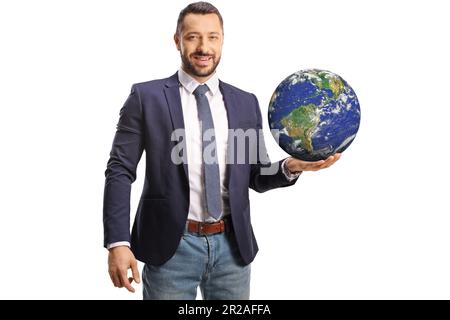 Young man holding the planet earth on his hand isolated on white background Stock Photo