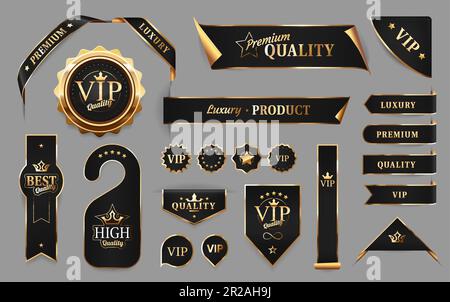 Golden luxury labels and banners. Vector premium quality badges, ribbons, curly corners, tags and vip product gold emblems or sticker seals with stars and crowns on glossy silky surface isolated set Stock Vector