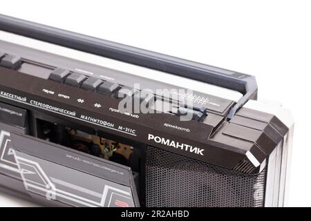 Moscow, Russia, May 18, 2023: cassette stereo tape recorder Romantic M-311C English translation: cassette stereo tape recorder Romantic M-311C (inscri Stock Photo