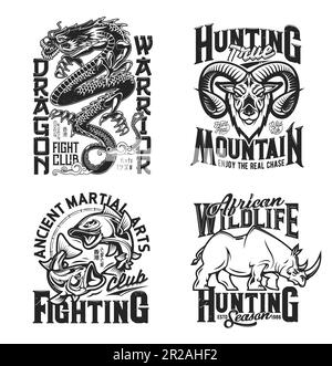 Dragon, rhino, goat and fish sport club mascots and t-shirt prints, apparel vector template. African wild animals, mythical beast and carp fish monochrome typography mockup for hunting and fight sport Stock Vector