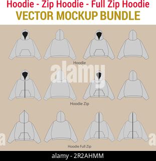 Streetwear Oversized Hoodie Sweatshirt Mockup Vector Bundle Hoodie Full Zip Up Mockup Vector Tech Pack Illustrator Procreate Mockup Template Stock Vector