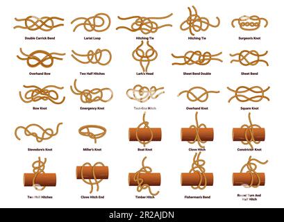 Sailing ship rope knots, nautical sailor tie and bow. Double carrick bend, lariat loop, hitching tie, surgeons and overhand bow, two half hitches, lar Stock Vector