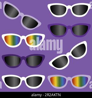 Sunglasses with rainbow colored and black lenses, LGBTQ style eyewear, seamless pattern. Stock Vector