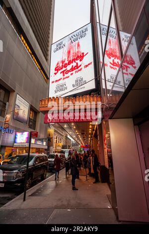 Theatrelovers mob the Lunt-Fontanne Theatre in the Theater District in New York to enter to see the revival of “Sweeney Todd: The Demon Barber of Fleet Street” on Wednesday, May 3, 2023. The revival has been nominated for eight Tony awards including Best Musical Revival. (© Richard B. Levine) Stock Photo