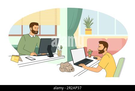 A businessman in a hybrid setting, a formal suit and home clothes works on a laptop, against the backdrop of a working office and a homely cozy Stock Vector