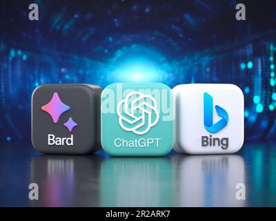 Valencia, Spain - May, 2023: Google Bard, OpenAI ChatGPT and Microsoft Bing, the three most popular artificial intelligences and AI generative text ch Stock Photo