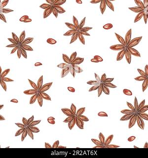 Watercolor seamless Christmas and New Year seamless pattern of star anises isolated on white background. Illustration with grains of spices. Stock Photo