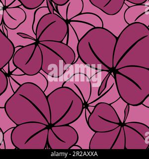 seamless asymmetrical pattern of clover leaves in purple tones and black contouros, design, texture Stock Photo