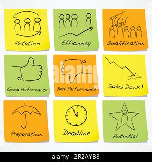 Doodle symbol of management, corporate, business decision making and messages on sticky notes Stock Vector