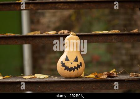 painted pumpkin stands on iron steps in dry autumn leaves preparation for halloween, pumpkin for halloween Stock Photo