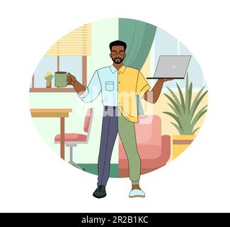 A dark-skinned man in hybrid clothes, a formal suit and home clothes with a laptop in his hands against the backdrop of a working office and a homely Stock Vector