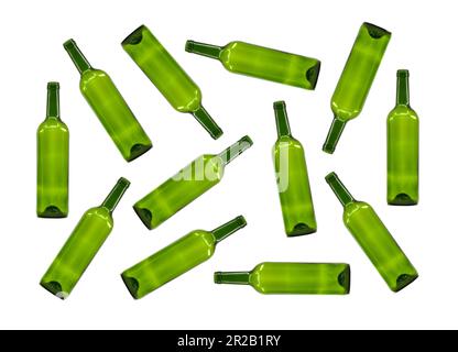 Random pattern of empty green glass wine bottles isolated on a plain white background. Alcohol consumption concept. No people. Stock Photo