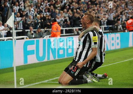 Newcastle United's Dan Burn celebrates after scoring their second goal uring the Premier League match between Newcastle United and Brighton and Hove Albion at St. James's Park, Newcastle on Thursday 18th May 2023. (Photo: Mark Fletcher | MI News) Credit: MI News & Sport /Alamy Live News Stock Photo