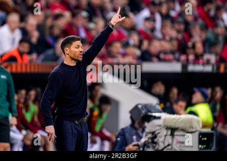 Leverkusen, Germany. 18th May, 2023. LEVERKUSEN, GERMANY - MAY 18: head coach Xabi Alonso of Bayer 04 Leverkusen gestures during the Semi-Final Second Leg - UEFA Europa League match between Bayer 04 Leverkusen and AS Roma at BayArena on May 18, 2023 in Leverkusen, Germany (Photo by Joris Verwijst/Orange Pictures) Credit: Orange Pics BV/Alamy Live News Stock Photo