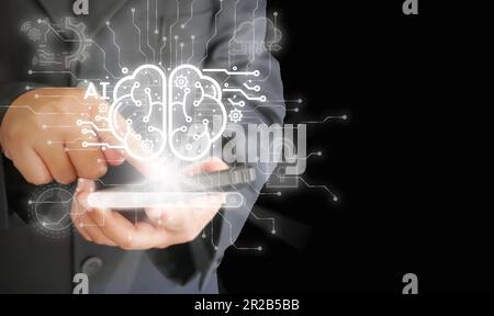 Businessman uses smart AI or chat gpt on smartphone. Intelligence Ai, Chat with Artificial Intelligence, Chatbot. Future technology, business, and edu Stock Photo