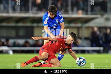 Budapest, Hungary. May 18, 2023, BUDAPEST, HUNGARY - MAY 18:  Marco Romano of Italy in action against Pau Cubarsi of Spain during the UEFA European Under-17 Championship Finals 2023 Group B match between Italy and Spain at BSC Stadium on May 18, 2023 in Budapest, Hungary. Photo by, Kredit: Gabriella Barbara - Alamy Live News Stock Photo