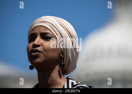 Washington, USA. 18th May, 2023. Representative Ilhan Omar (D-MN) speaks to media during a press conference on the killing of Palestinian-American journalist Shireen Abu Akleh, at the U.S. Capitol, in Washington, DC, on Thursday, May 18, 2023. (Graeme Sloan/Sipa USA) Credit: Sipa USA/Alamy Live News Stock Photo