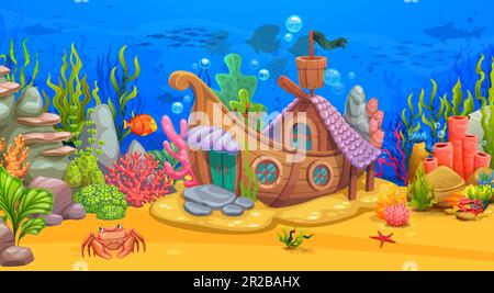 Cartoon underwater sea landscape with sunken boat and seaweeds. Vector background with wooden sail ship house building, aquarium decor, mermaid home, fantasy boat fairytale dwelling, architecture Stock Vector