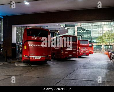 Expressway Coaches, Bus Éireann’s premium coach service parked in Busarus in Dublin’s city centre, Ireland. Stock Photo