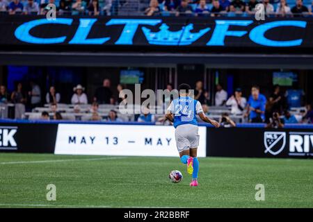 Charlotte, NC, USA. 17th May, 2023. Charlotte FC defender Jaylin Lindsey (24) breaks down field against the Chicago Fire in the Major League Soccer match up at Bank of America Stadium in Charlotte, NC. (Scott KinserCal Sport Media). Credit: csm/Alamy Live News Stock Photo