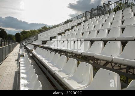 Imola, Italy. May 18th 2023. Formula 1 Qatar Airways Emilia Romagna Grand Prix at Autodromo Enzo e Dino Ferrari, Italy cancelled due to the flooding in the Emilia-Romagna region. Pictured:  Empty seats for spectators    © Piotr Zajac/Alamy Live News Stock Photo