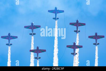 Marche Verte planes tied with steel ropes and very dangers  air show Royal Moroccan Air Force aerobatic team at Teknofest 2023 Stock Photo