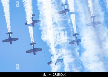 Marche Verte planes tied with steel ropes and very dangers  air show Royal Moroccan Air Force aerobatic team at Teknofest 2023 Stock Photo